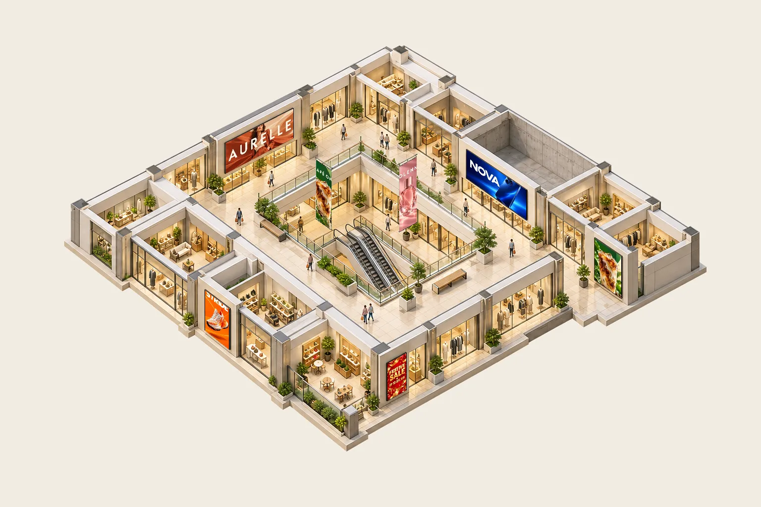 Isometric cutaway of a shopping mall level with ad screens and an escalator