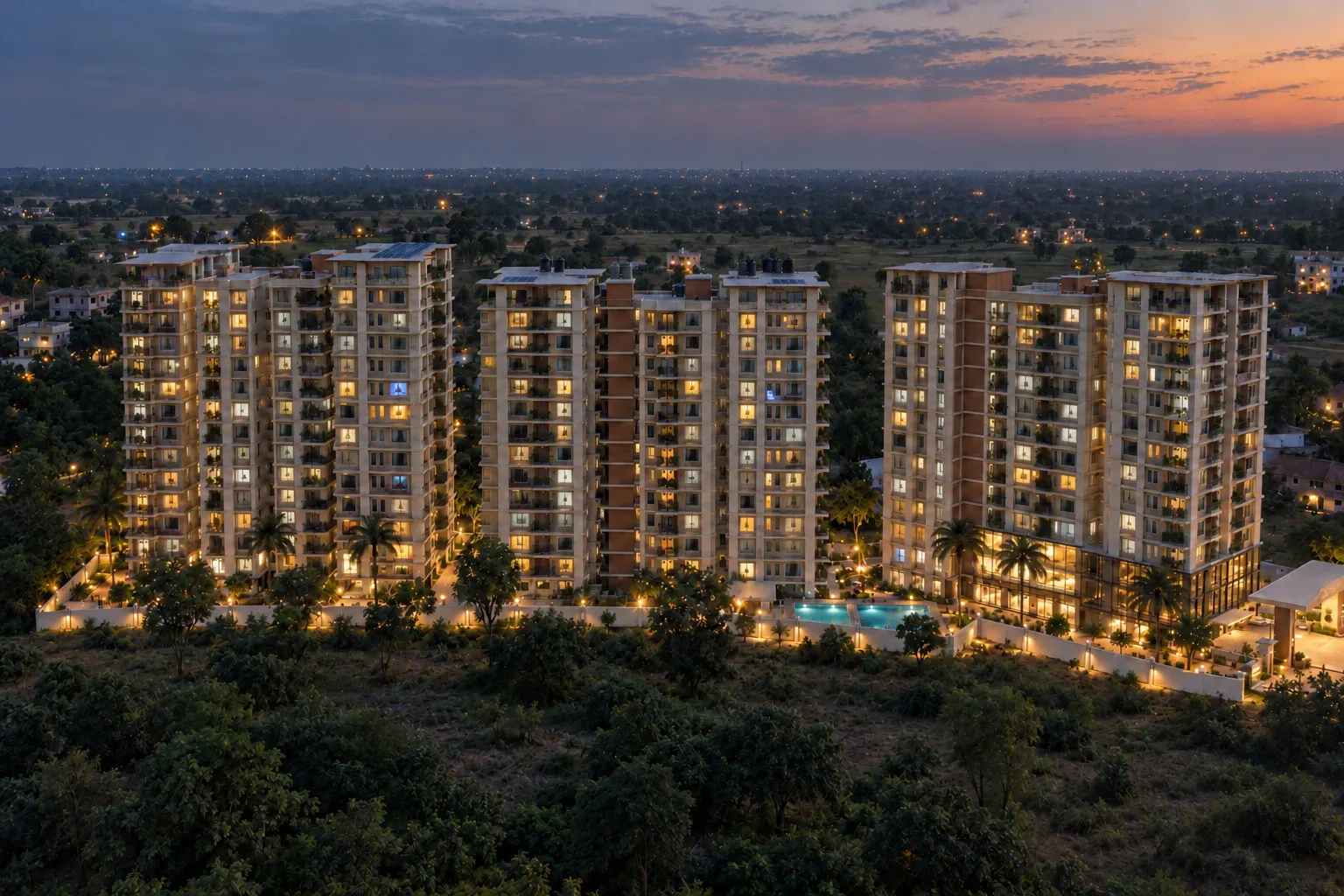 Three towers at dusk, rendered from the 3D model