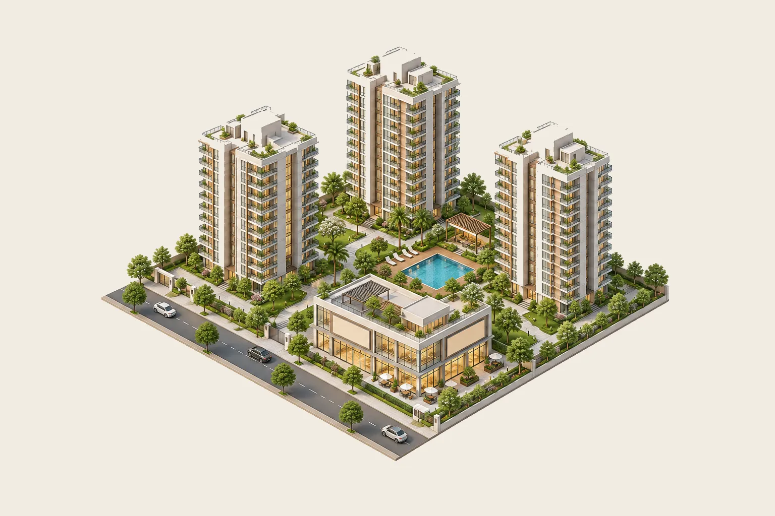 Isometric render of three apartment towers and a shopping mall around a courtyard pool