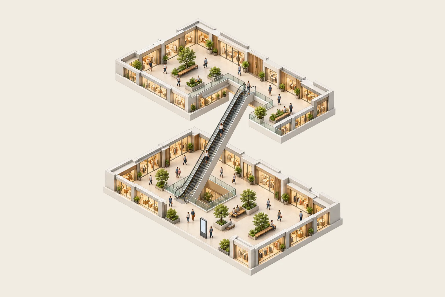 Exploded isometric view of two mall levels joined by an escalator