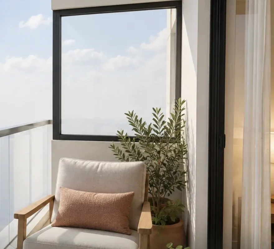 A bedroom balcony looking out over the city