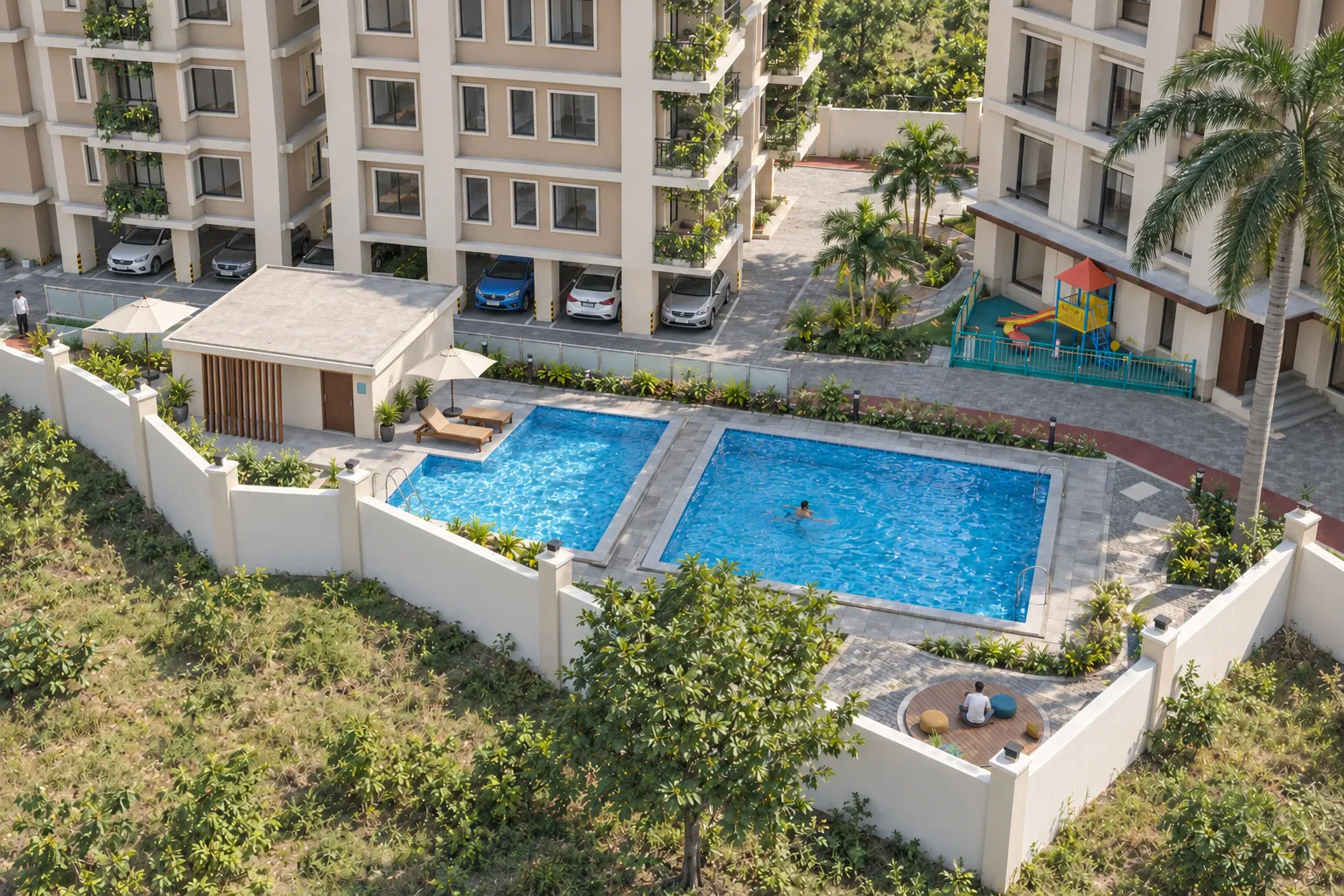 Rendered pool deck between the towers