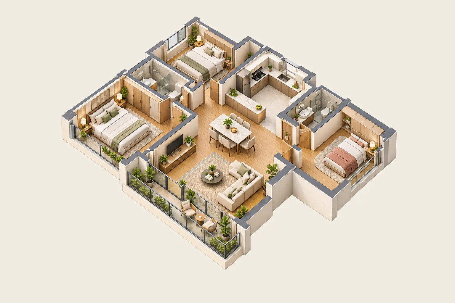 Isometric cutaway of a furnished three-bedroom apartment